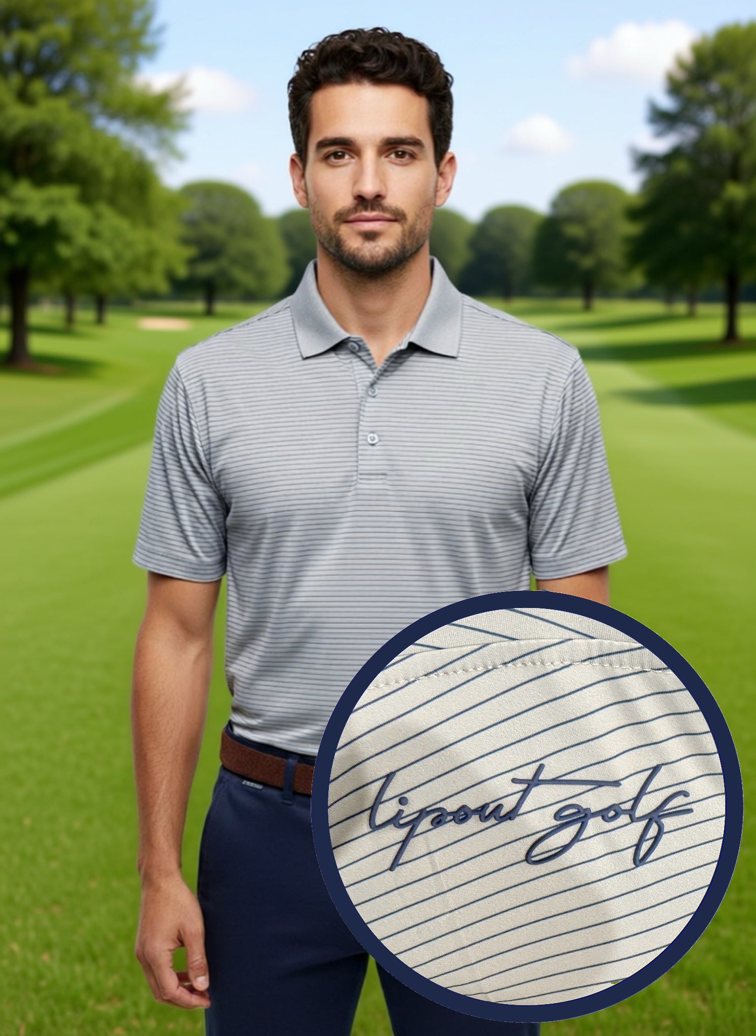 Gray Lipoout Polo w/Navy Blue Stripes
